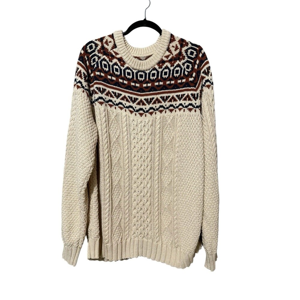 L.L.Bean Signature XXL Cream Fair Isle Cable Knit Cotton Sweater Nordic
